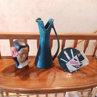 TALL ROYAL HAEGER VASE, MARIVAL BUST AND A GLASS FISH