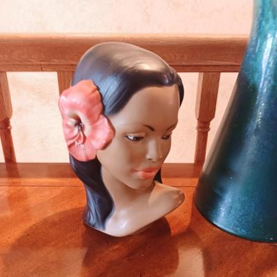 TALL ROYAL HAEGER VASE, MARIVAL BUST AND A GLASS FISH