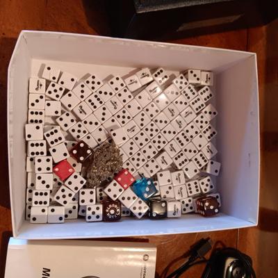 BRINKS LOCK BOX, MOTOROLA FLIP PHONE AND A BOX OF CASINO DICE