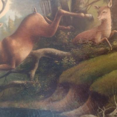 Francis A. Cerny Original Oil on Canvas Stag and Doe Circa 1890 Framed