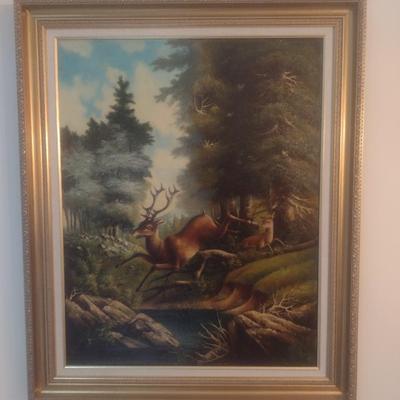 Francis A. Cerny Original Oil on Canvas Stag and Doe Circa 1890 Framed