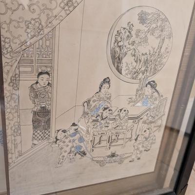 Asian Woodblock Print with Blue Accents