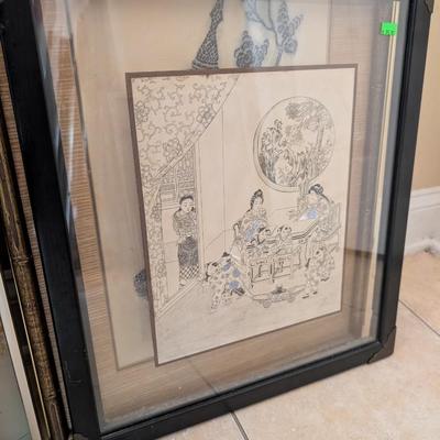 Asian Woodblock Print with Blue Accents