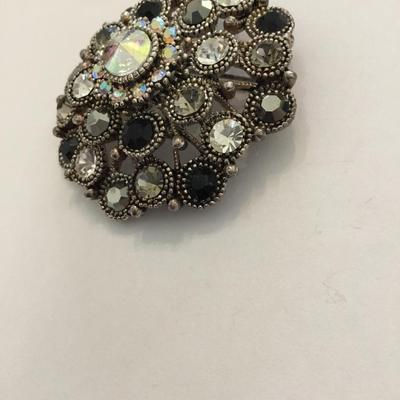 Antique, Silver, toned, rhinestone brooch