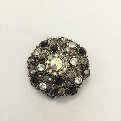 Antique, Silver, toned, rhinestone brooch
