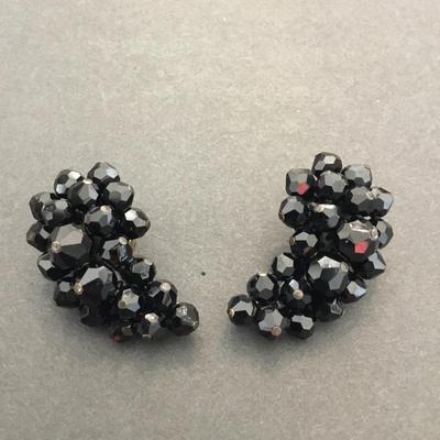 Vintage, black, faceted glass climber clip on earrings