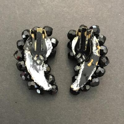 Vintage, black, faceted glass climber clip on earrings