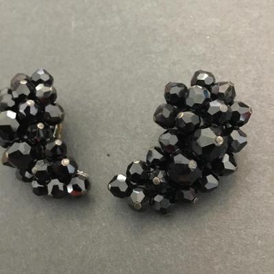 Vintage, black, faceted glass climber clip on earrings
