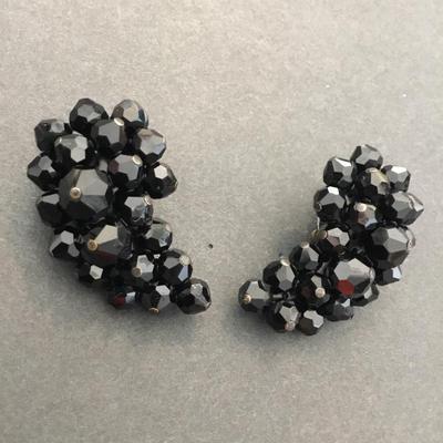 Vintage, black, faceted glass climber clip on earrings