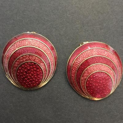 Vintage red enamel round clip on earrings