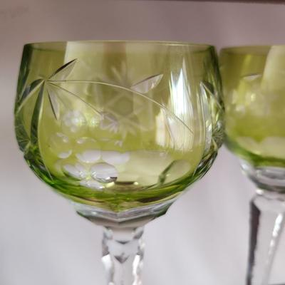 Lot of 4 Crystal Wine Glasses 2 Blue Cut to Clear 2 Yellow/Green Cut to Clear