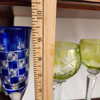 Lot of 4 Crystal Wine Glasses 2 Blue Cut to Clear 2 Yellow/Green Cut to Clear