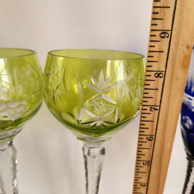 Lot of 4 Crystal Wine Glasses 2 Blue Cut to Clear 2 Yellow/Green Cut to Clear