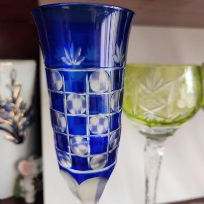 Lot of 4 Crystal Wine Glasses 2 Blue Cut to Clear 2 Yellow/Green Cut to Clear
