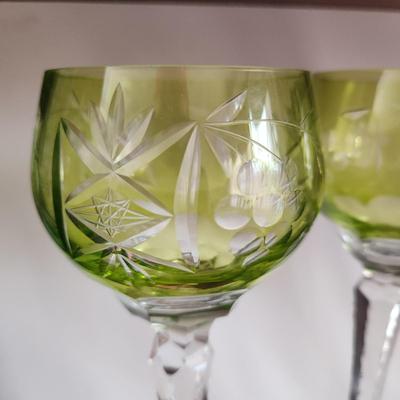 Lot of 4 Crystal Wine Glasses 2 Blue Cut to Clear 2 Yellow/Green Cut to Clear