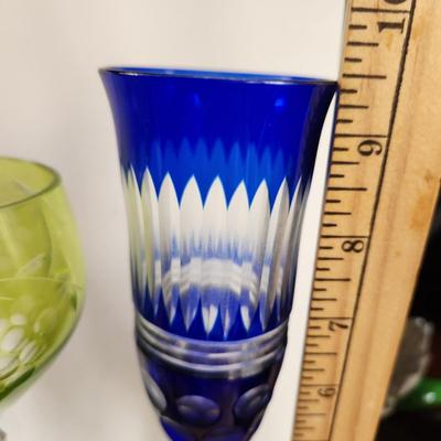 Lot of 4 Crystal Wine Glasses 2 Blue Cut to Clear 2 Yellow/Green Cut to Clear