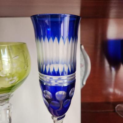 Lot of 4 Crystal Wine Glasses 2 Blue Cut to Clear 2 Yellow/Green Cut to Clear