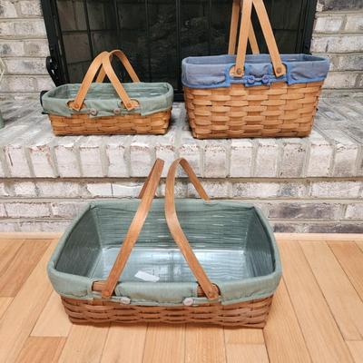 Lot of 3 Longaberger 2 Handle Field Market Baskets with Liners
