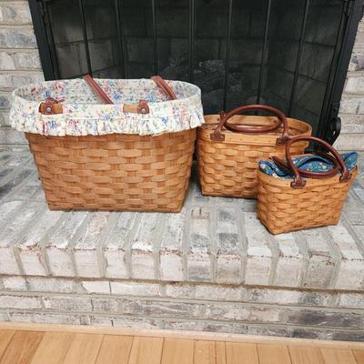 lot of 3 Longaberger Leather Handles Baskets Boardwalk Basket Purse