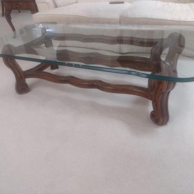 Vintage Thick Beveled Edge Glass Top Wood Base Formal Coffee Table