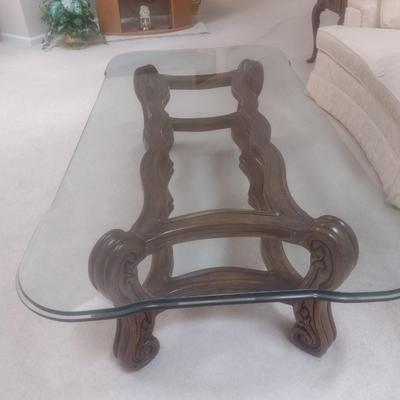 Vintage Thick Beveled Edge Glass Top Wood Base Formal Coffee Table