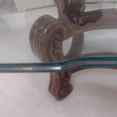 Vintage Thick Beveled Edge Glass Top Wood Base Formal Coffee Table