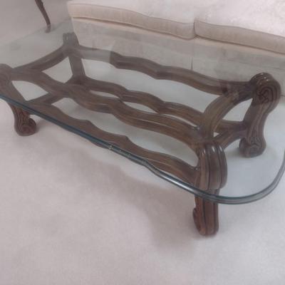 Vintage Thick Beveled Edge Glass Top Wood Base Formal Coffee Table