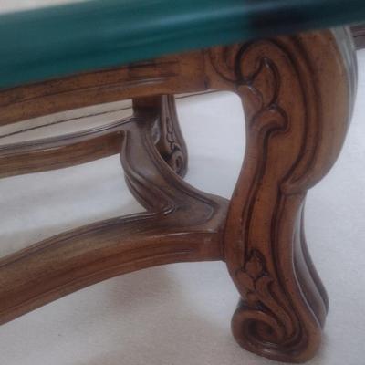 Vintage Thick Beveled Edge Glass Top Wood Base Formal Coffee Table