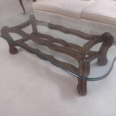 Vintage Thick Beveled Edge Glass Top Wood Base Formal Coffee Table