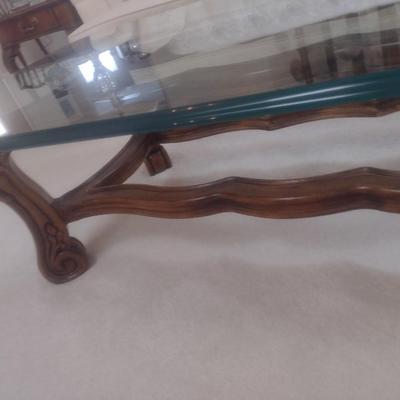 Vintage Thick Beveled Edge Glass Top Wood Base Formal Coffee Table
