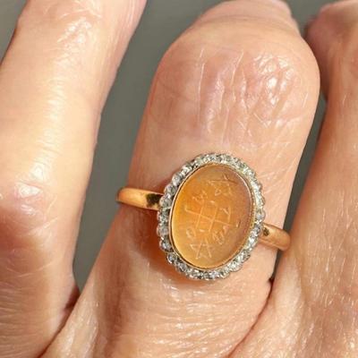 Antique 21K Gold Diamond Halo Chalcedony Baha'i Intaglio Ring