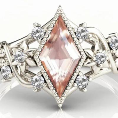 Pink Morganite Set in Sterling & Moissanite Ring