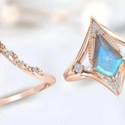 Kite Cut Labradorite Rose Gold Bridal Wedding Set