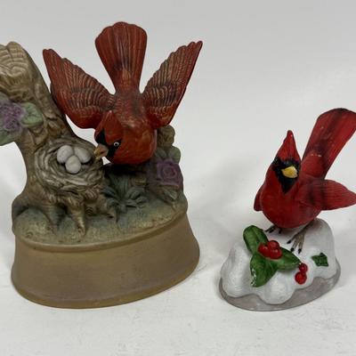 2 Red Cardinal Porcelain Ceramic Bird figurine one with music