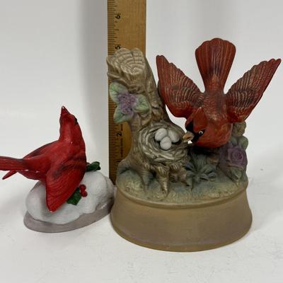 2 Red Cardinal Porcelain Ceramic Bird figurine one with music