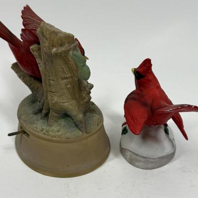 2 Red Cardinal Porcelain Ceramic Bird figurine one with music