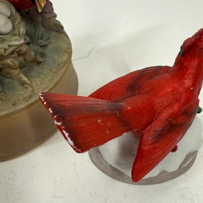 2 Red Cardinal Porcelain Ceramic Bird figurine one with music