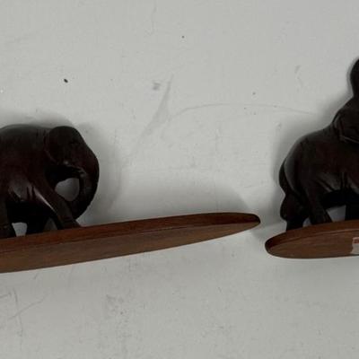 Small Vintage Carved Wood Elephants on Bases
