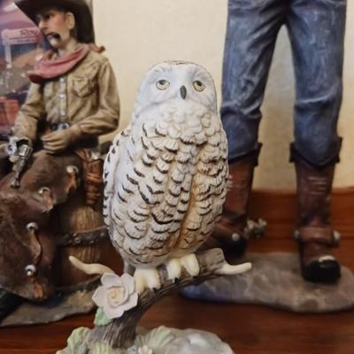COWBOY STATUES, FRAME, EAGLE AND OWL