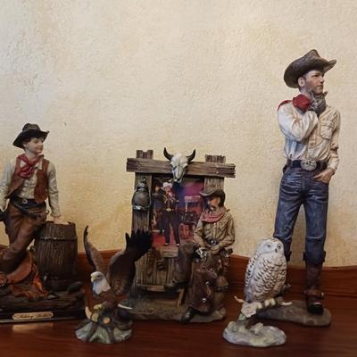 COWBOY STATUES, FRAME, EAGLE AND OWL