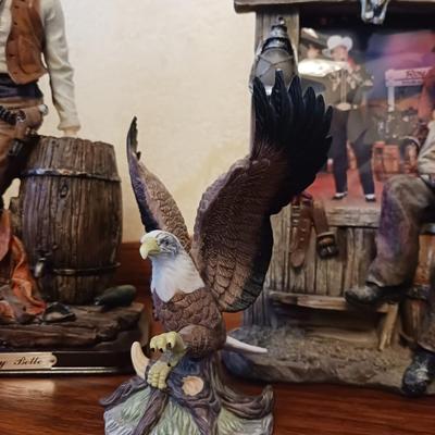 COWBOY STATUES, FRAME, EAGLE AND OWL