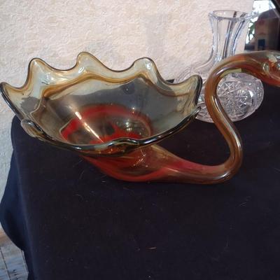 2 GLASS SWANS, CRYSTAL DECANTER AND DISH