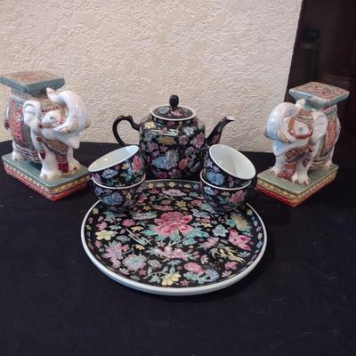 ELEPHANT BOOKENDS AND CHINA TEA SET