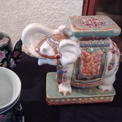 ELEPHANT BOOKENDS AND CHINA TEA SET