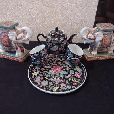 ELEPHANT BOOKENDS AND CHINA TEA SET