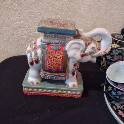 ELEPHANT BOOKENDS AND CHINA TEA SET