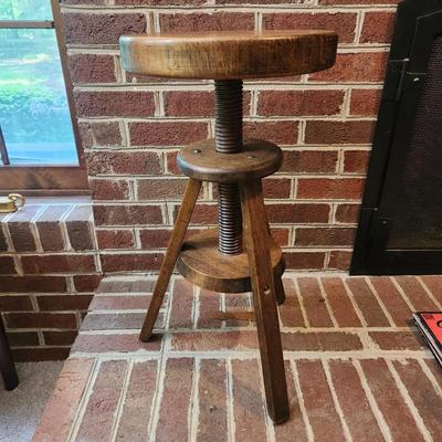 Vintage Solid Wood Round Adjustable Stool 18" to 24" Height