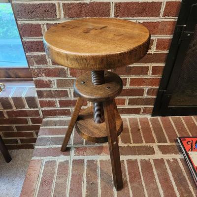 Vintage Solid Wood Round Adjustable Stool 18" to 24" Height