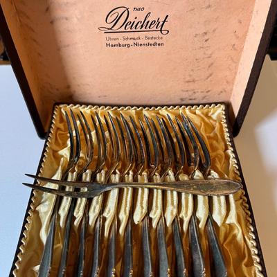 2 Sets Vintage MCM Forks - Ela Denmark Sterling, Deichert German Plated
