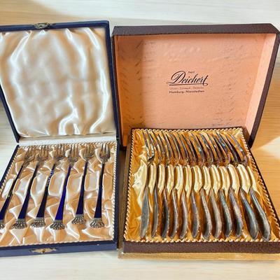 2 Sets Vintage MCM Forks - Ela Denmark Sterling, Deichert German Plated